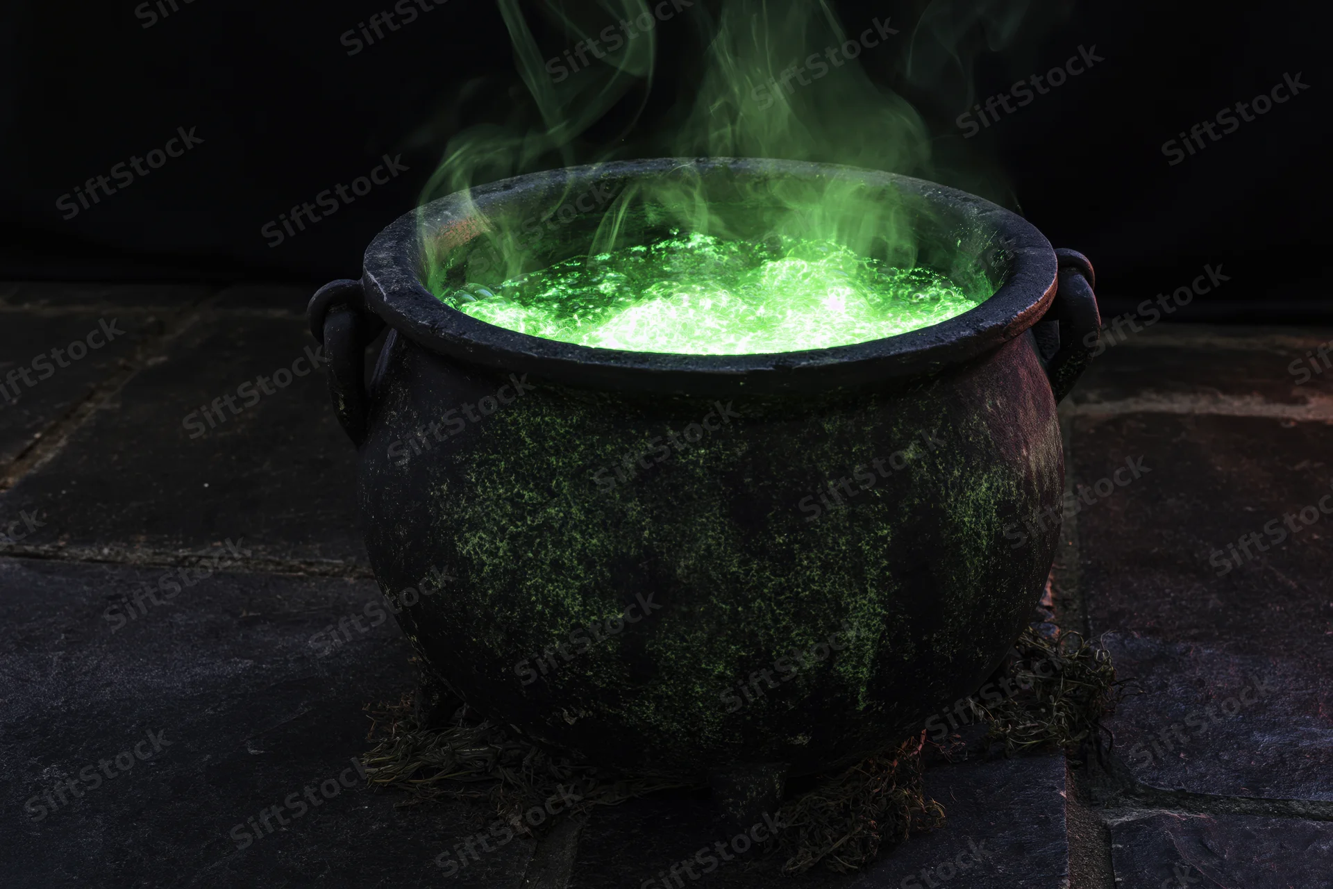 Black iron cauldron with glowing green bubbling potion emitting smoke on stone floor