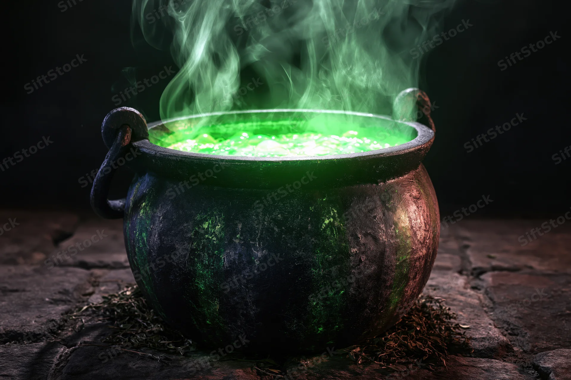 Large black iron cauldron with glowing green bubbling potion emitting smoke on stone floor
