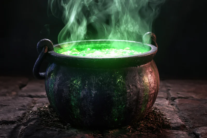 Large black iron cauldron with glowing green bubbling potion emitting smoke on stone floor