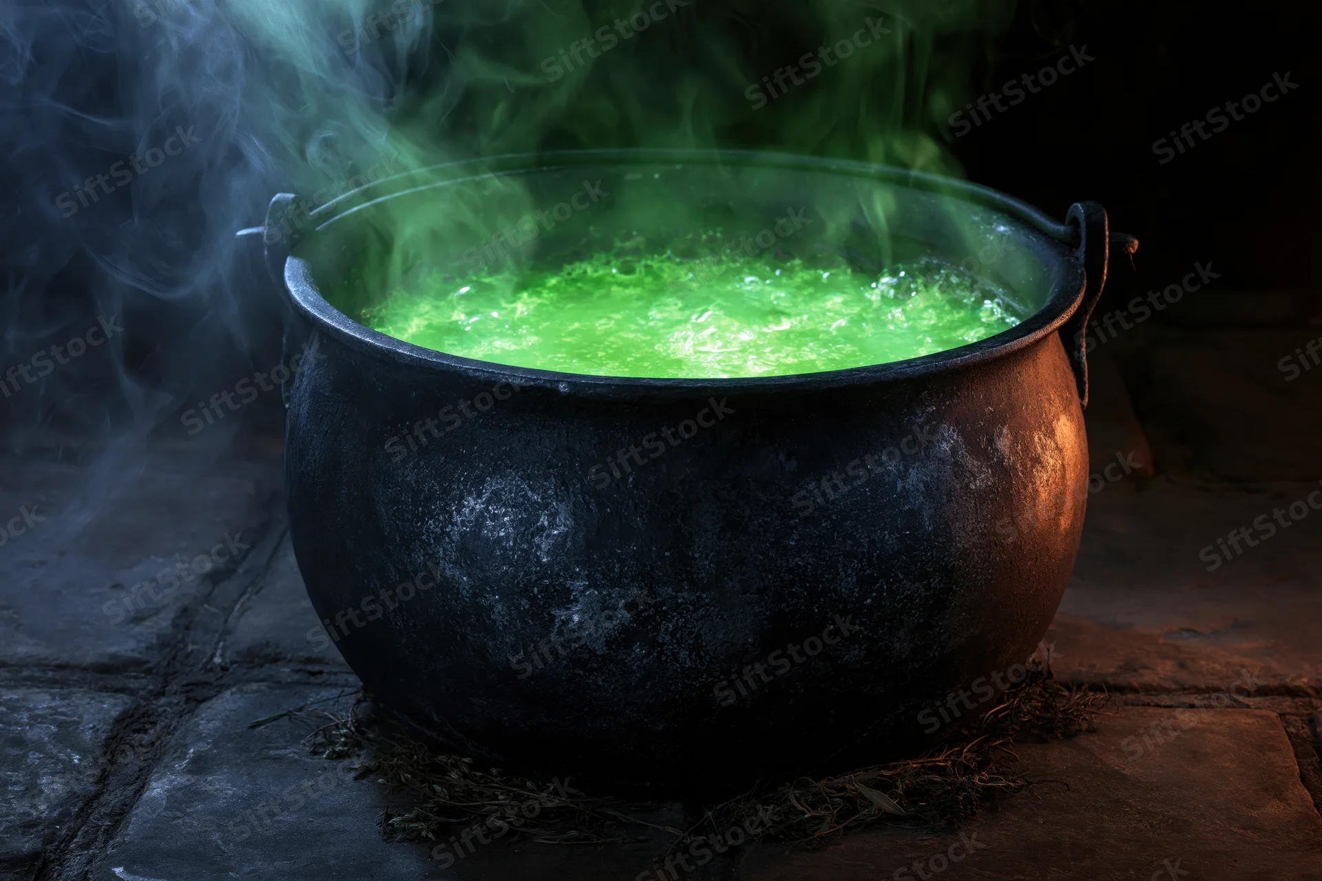 Large black iron cauldron filled with glowing green bubbling potion on stone floor with rising smoke