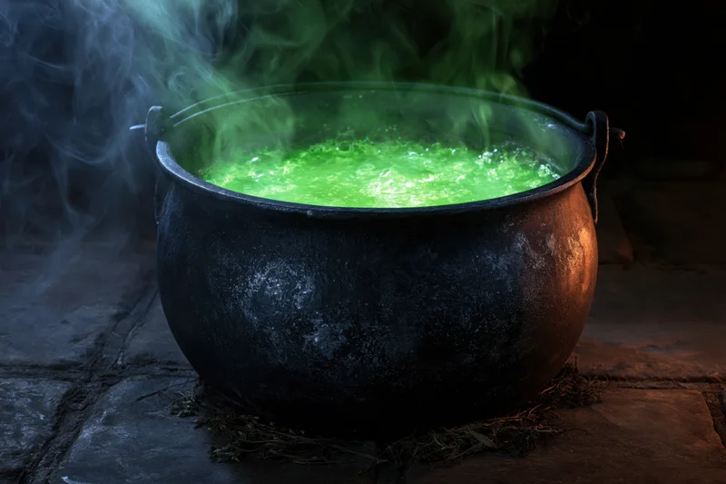 Large black iron cauldron filled with glowing green bubbling potion on stone floor with rising smoke