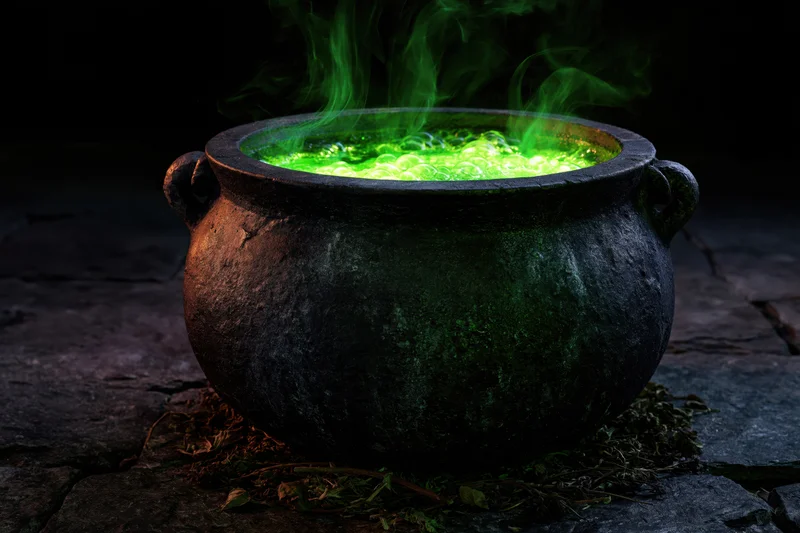 Large black iron cauldron with glowing green bubbling potion emitting steam on stone surface surrounded by herbs