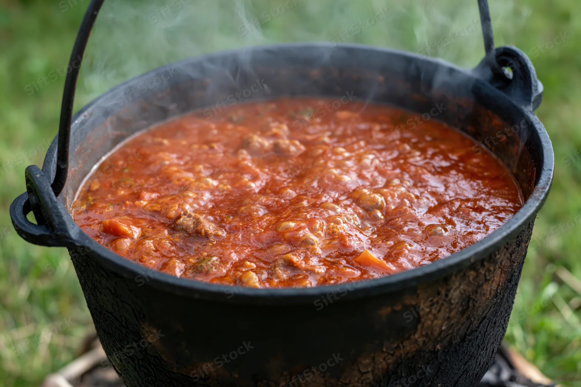 Steaming tomato-based stew with meat and vegetables in a blackened cast iron cauldron outdoors on grass