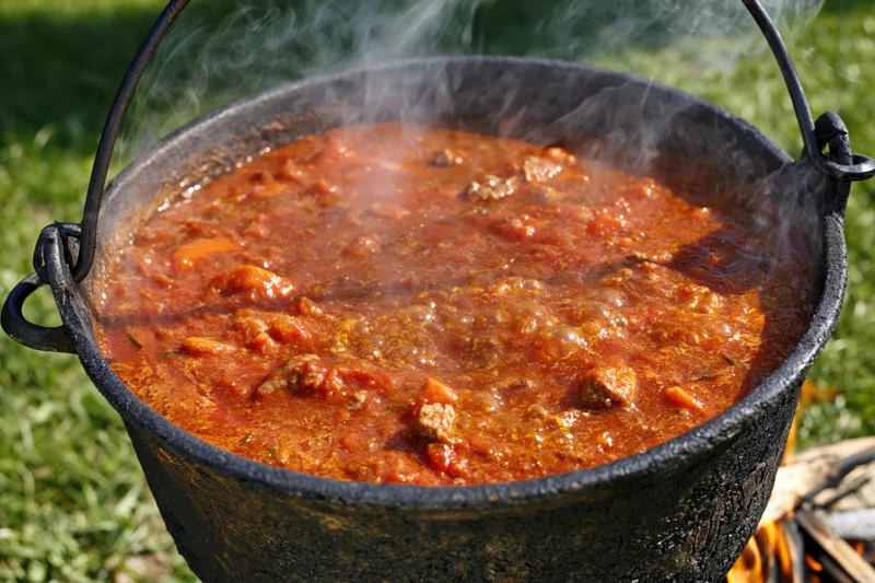 Stew simmering in a blackened cast iron cauldron over an open fire in a grassy outdoor setting