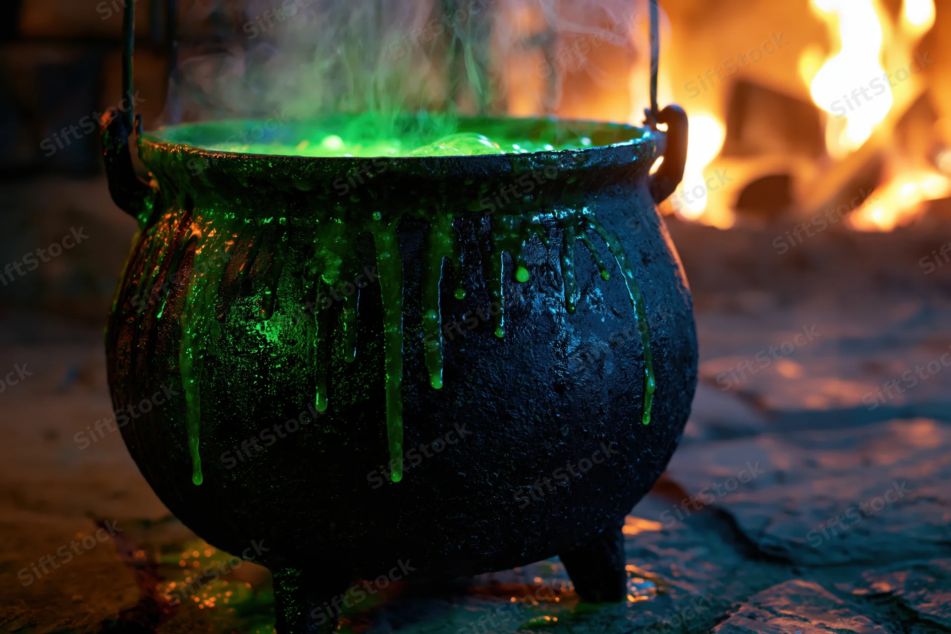 Large cast iron cauldron bubbling with glowing green liquid on stone floor near fire