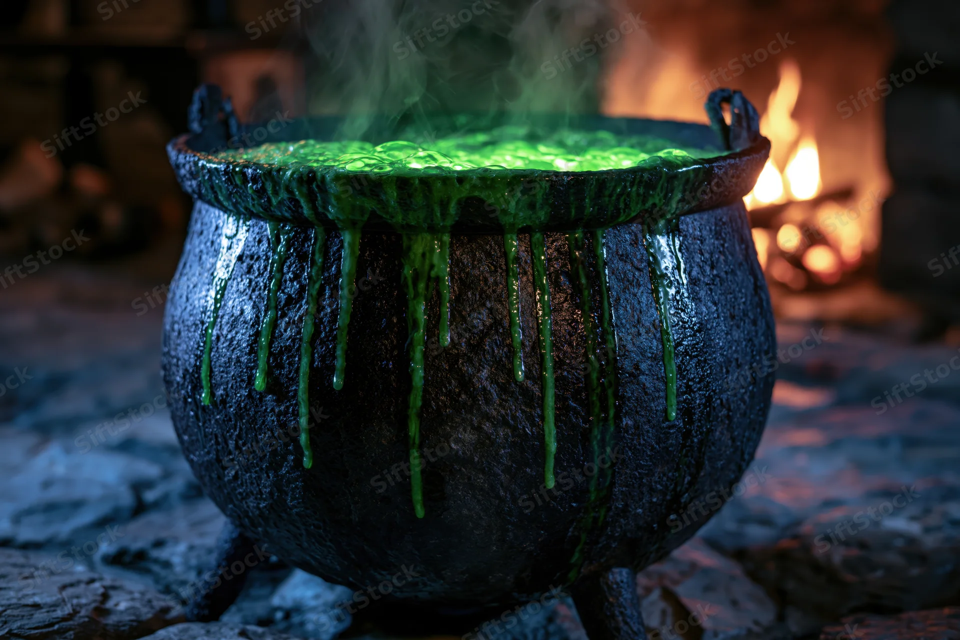 Large cast iron cauldron bubbling with glowing green liquid over a fire in a stone hearth