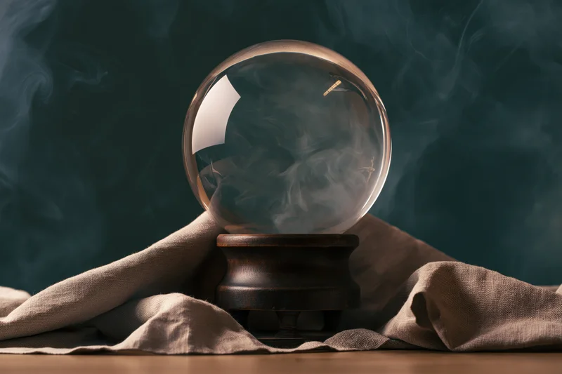 Crystal ball with swirling smoke on wooden stand draped in cloth on table