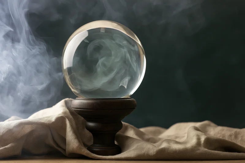 Crystal ball with swirling smoke on wooden stand resting on draped fabric