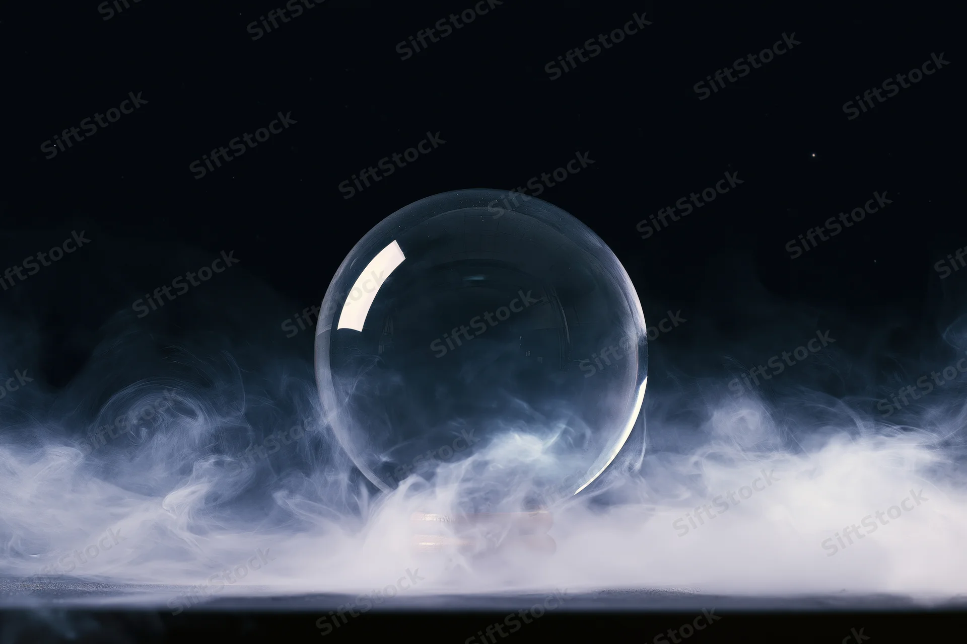 Large glass crystal ball resting on wooden base surrounded by swirling smoke against dark background