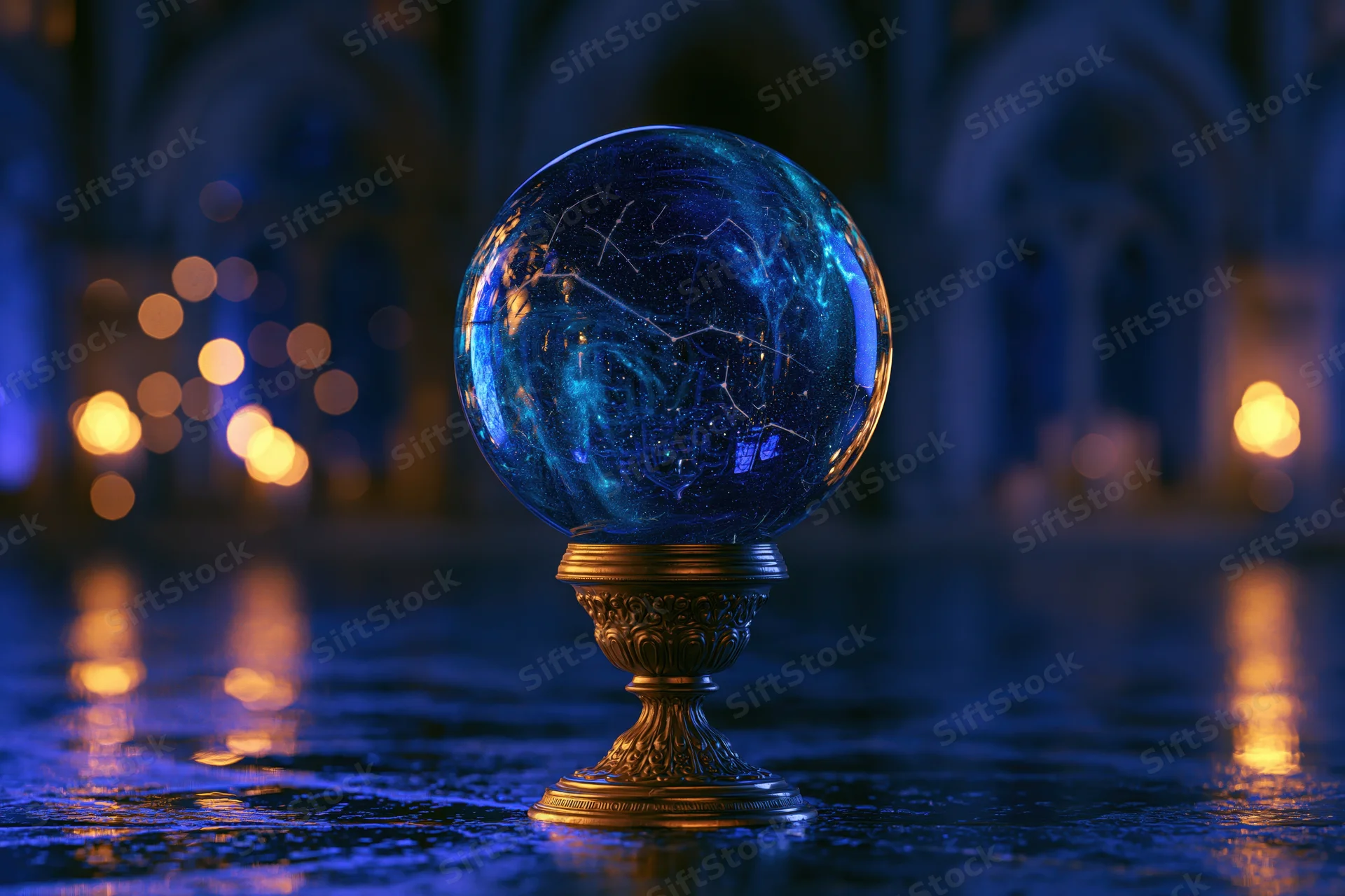A large glass crystal ball with glowing constellations sits on an ornate brass pedestal in a dimly lit cathedral with candlelight reflections on the wet floor