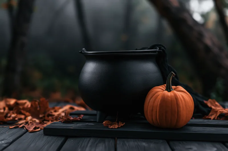 Black cauldron and orange pumpkin on dark wooden table surrounded by fallen leaves in forest setting