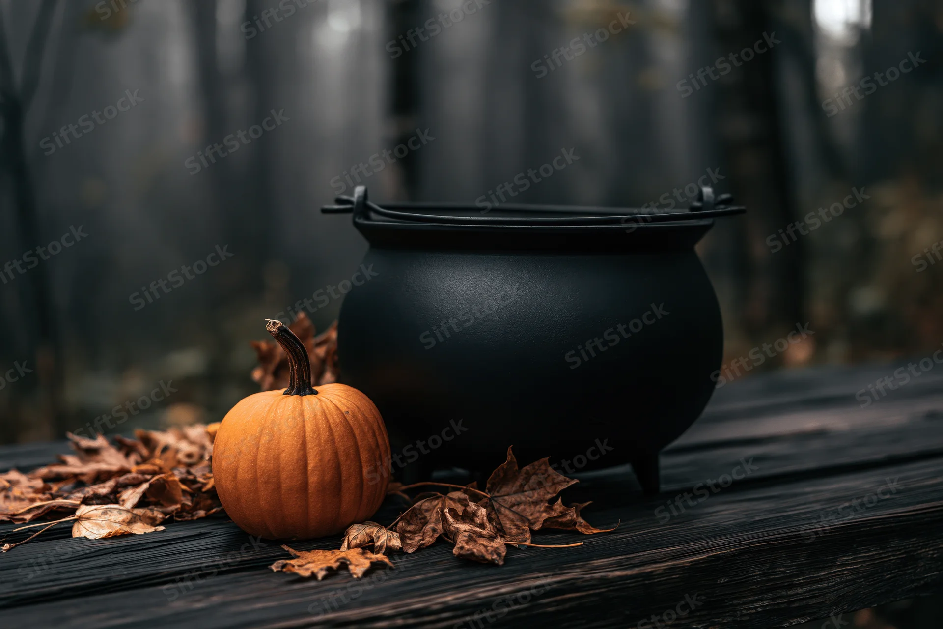 Black cauldron and small pumpkin with dried leaves on dark wooden table in forest setting