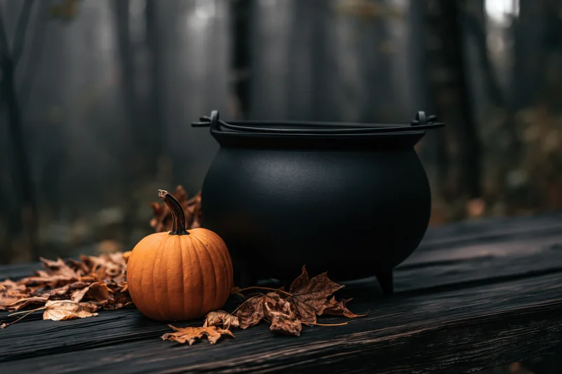 Black cauldron and small pumpkin with dried leaves on dark wooden table in forest setting