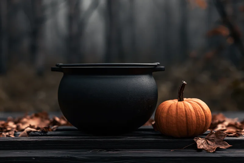 Black cauldron and small orange pumpkin on dark wooden table surrounded by fallen leaves in misty forest setting