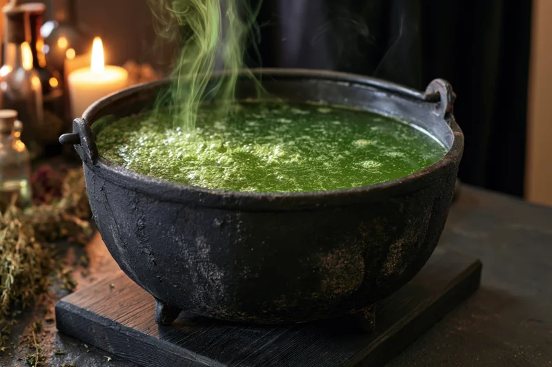 Steaming green potion in a weathered black cauldron on a wooden table with herbs and candles nearby