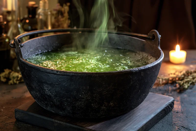 Large weathered black cast iron cauldron bubbling with green potion on wooden table surrounded by herbs and candlelight