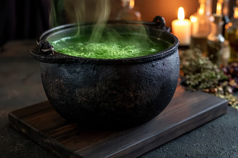 Large weathered black cast iron cauldron filled with bubbling green potion on wooden board with candles and herbs nearby