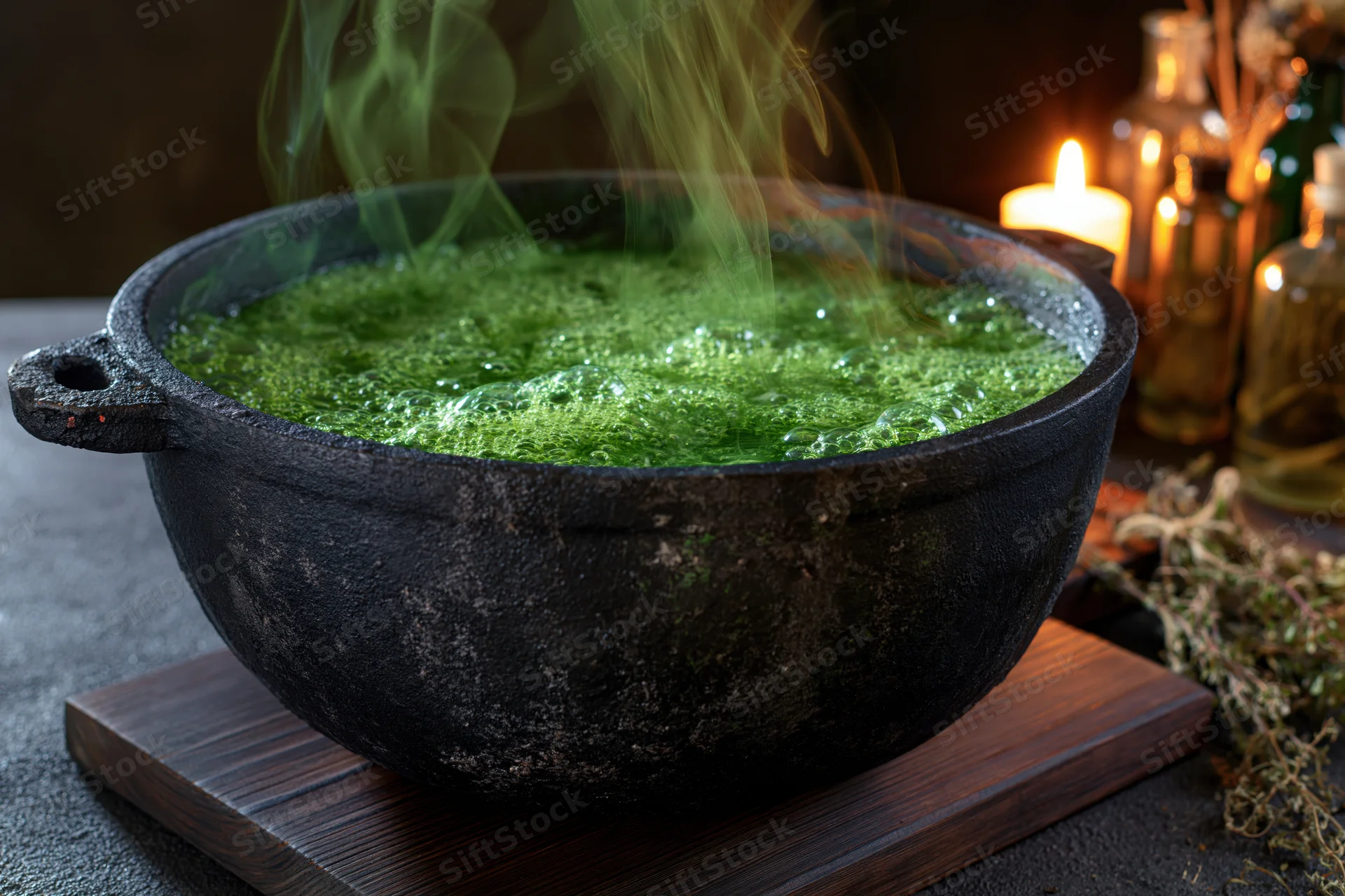 Large weathered black cauldron bubbling with green potion on wooden tray surrounded by herbs and candles