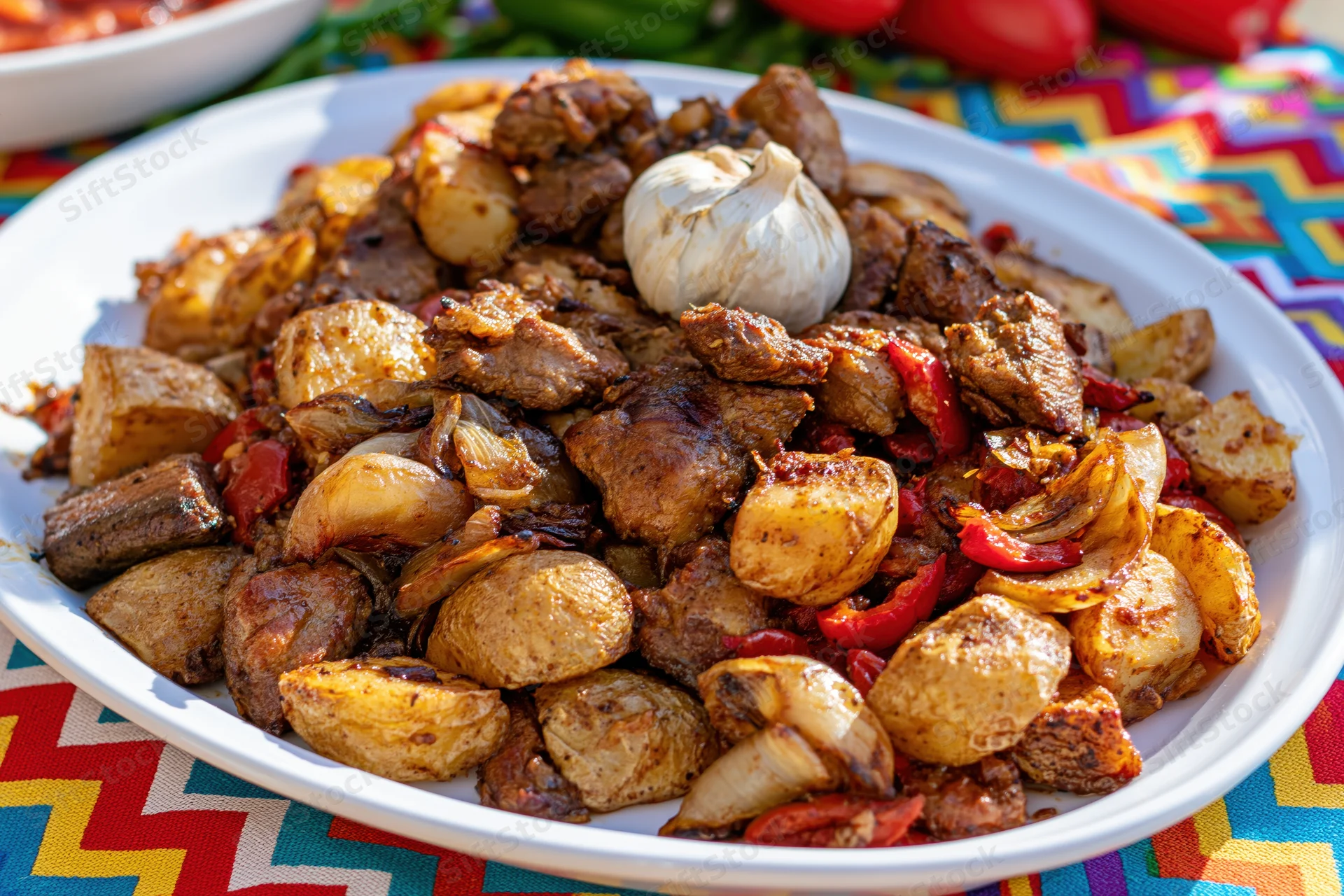 Roasted meat and potatoes with garlic and peppers on a white oval platter set on a colorful patterned tablecloth