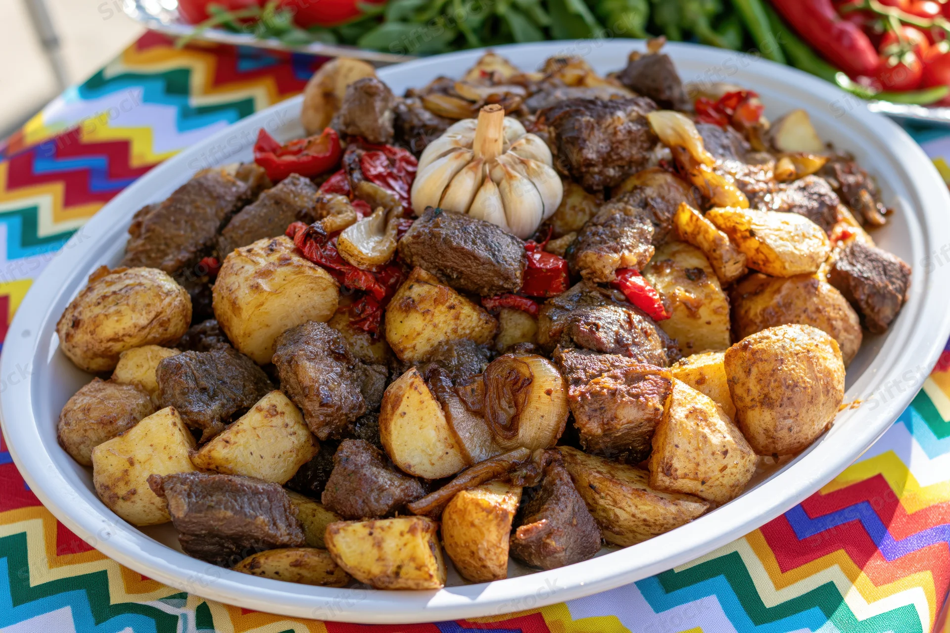 Roasted meat and potatoes served on a white oval platter on a colorful patterned tablecloth