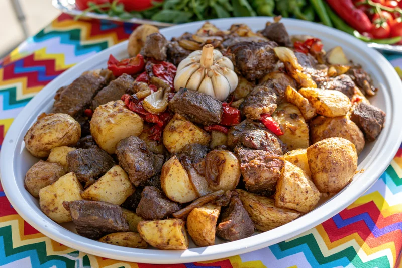 Roasted meat and potatoes served on a white oval platter on a colorful patterned tablecloth
