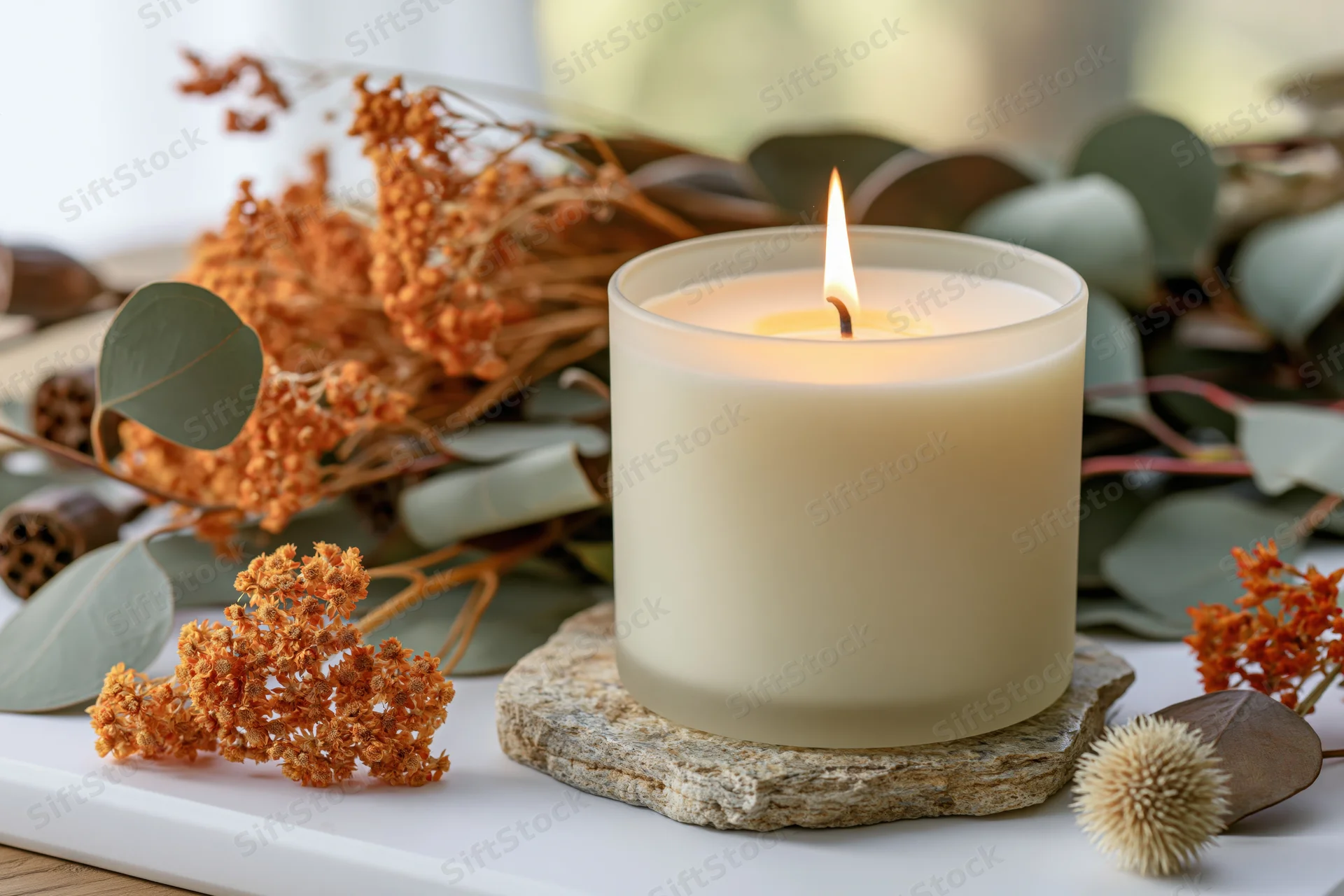 Lit cream soy candle in frosted glass jar on stone coaster surrounded by dried flowers and eucalyptus leaves on white tray