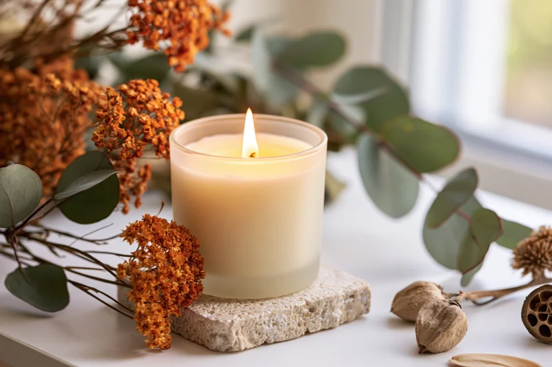Lit cream soy candle in frosted glass jar on stone coaster with dried orange flowers and eucalyptus by windowsill