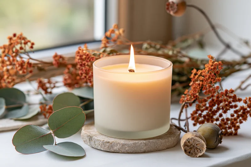 Lit cream soy candle in frosted glass jar on stone coaster surrounded by dried flowers and eucalyptus near window