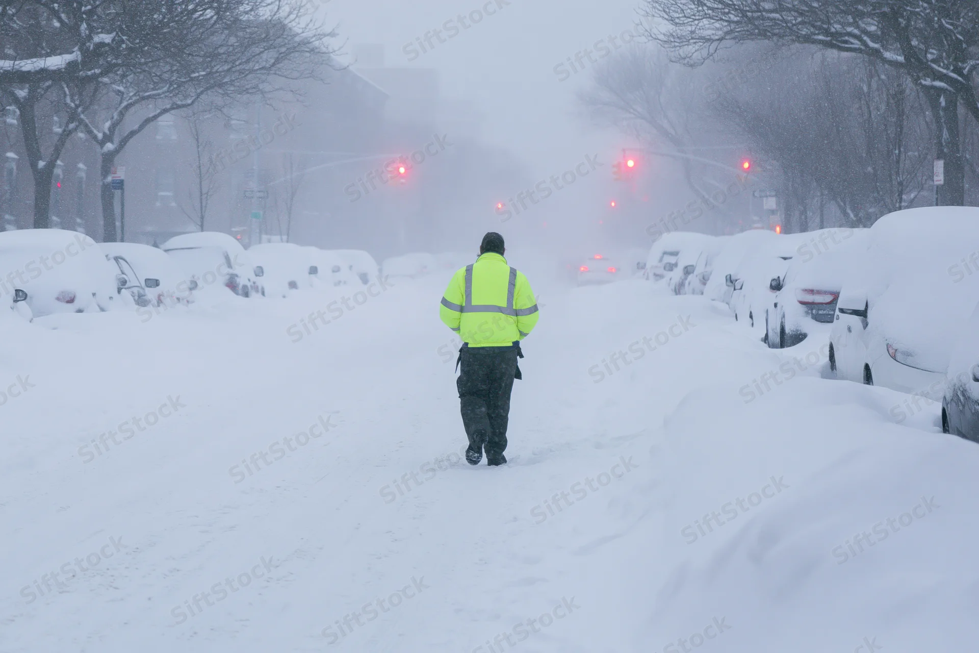 Man in high-visibility jacket walking down snow-covered city street during winter storm