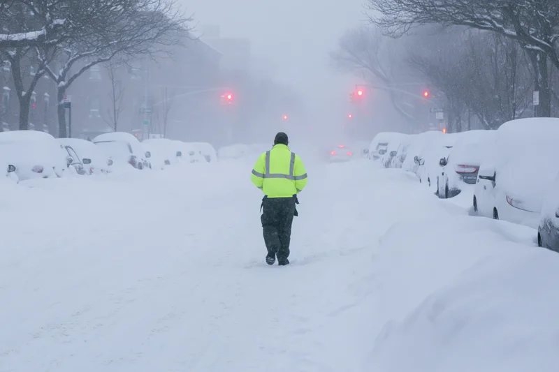 Man in high-visibility jacket walking down snow-covered city street during winter storm
