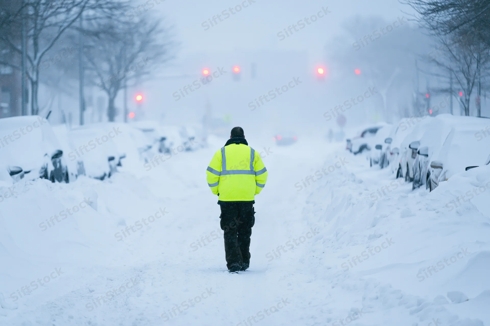 Man in neon yellow-green high-visibility jacket walking down snow-covered city street toward red traffic lights