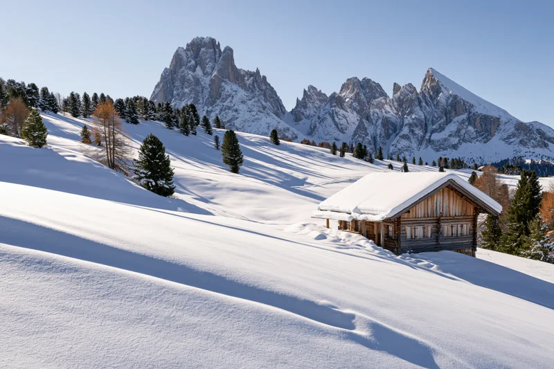 Wooden alpine hut on snow-covered slope with mountains in background