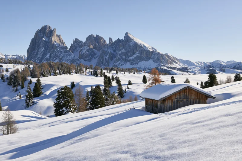 Wooden alpine hut on snow-covered meadow with rocky mountains in background