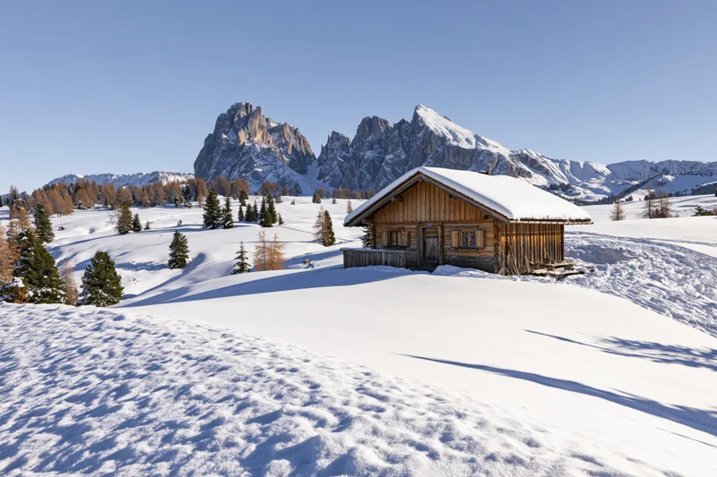 Wooden alpine hut in snow-covered meadow with rocky mountains in background
