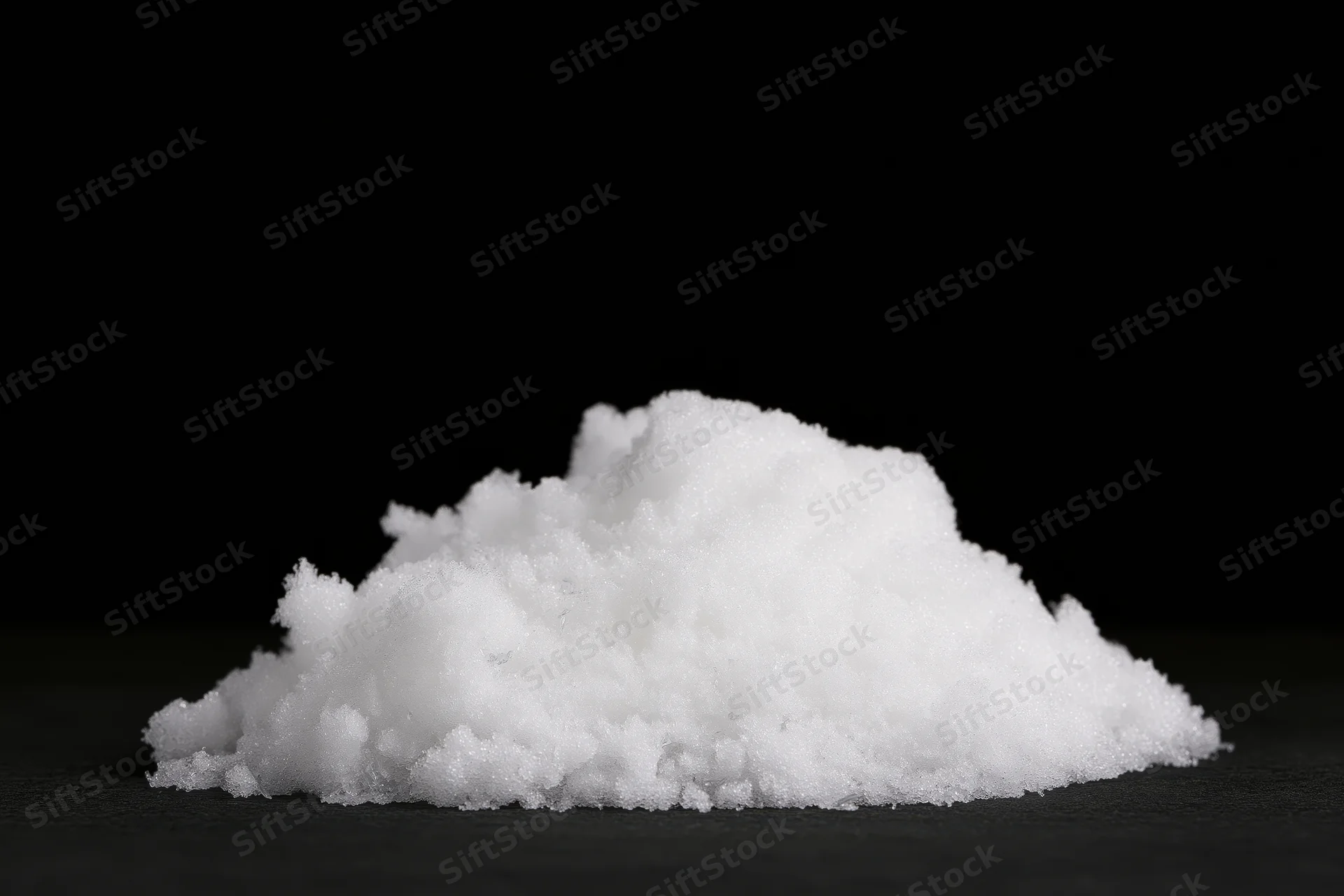 A low pile of loose white snow on a flat black surface