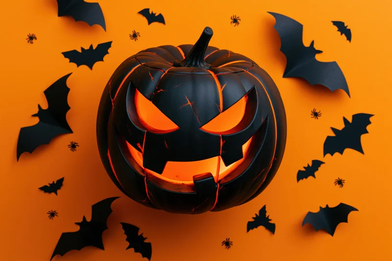 Matte black carved jack-o-lantern with glowing orange eyes and mouth surrounded by paper bats and spiders on orange background
