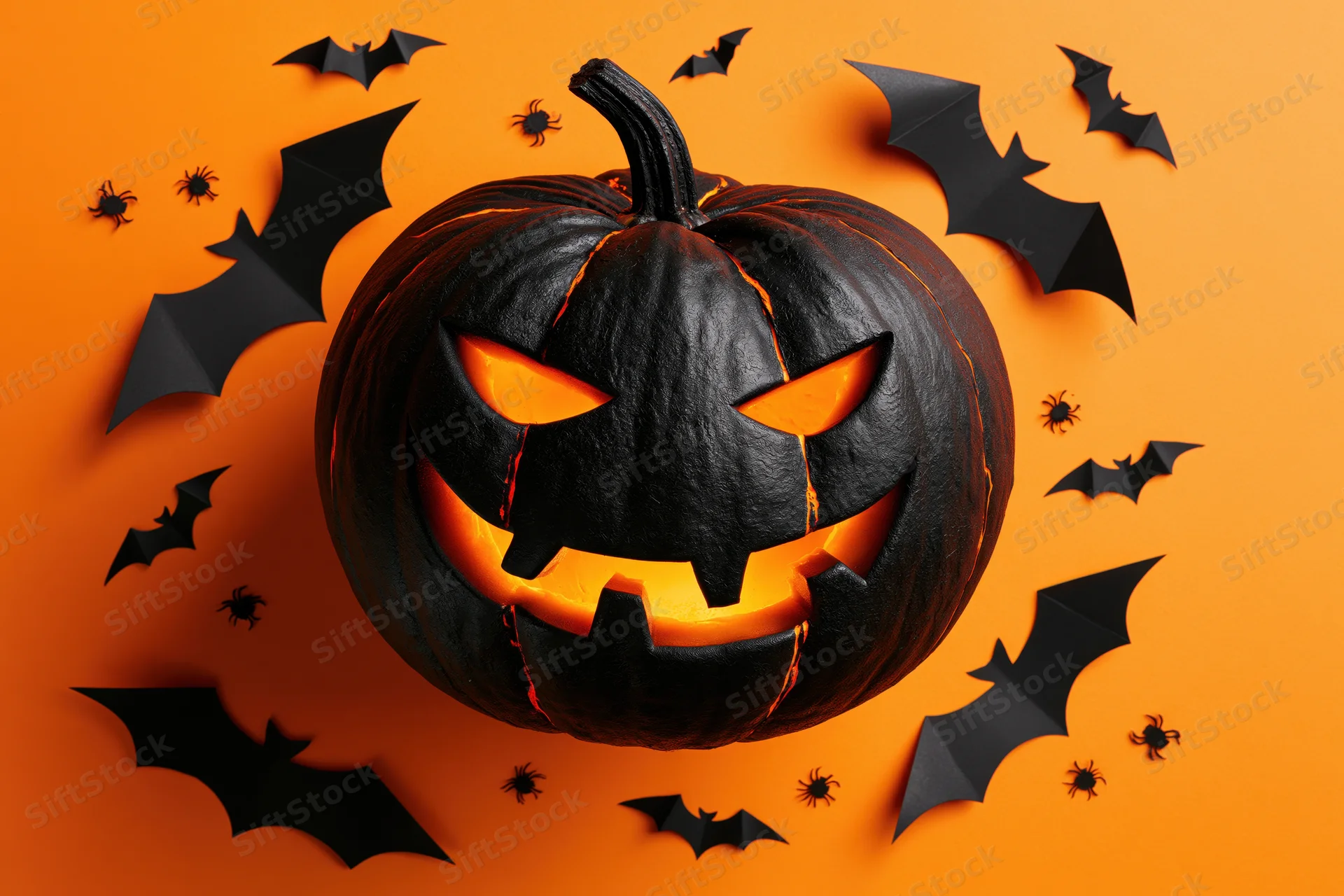 Matte black carved jack-o-lantern with glowing orange eyes and mouth surrounded by paper bats and spiders on orange background