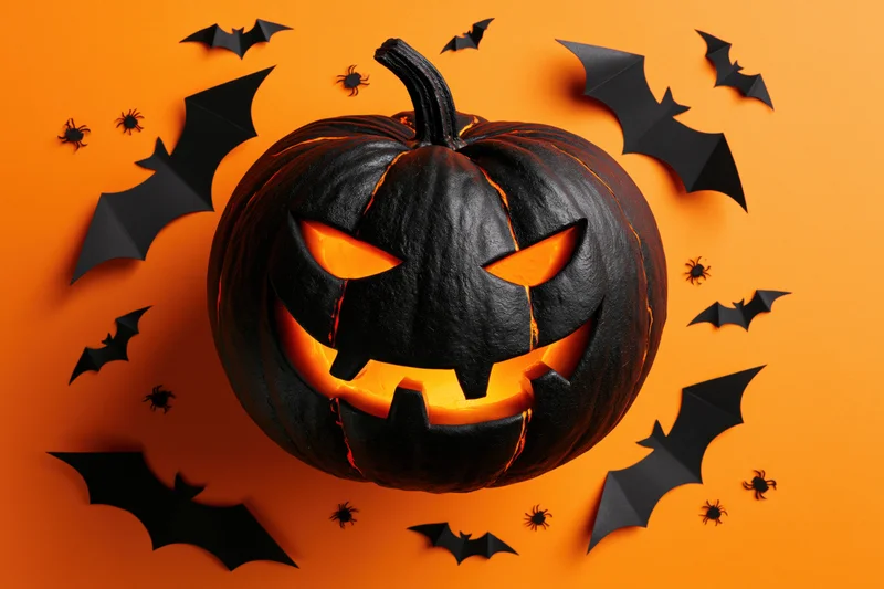 Matte black carved jack-o-lantern with glowing orange eyes and mouth surrounded by paper bats and spiders on orange background