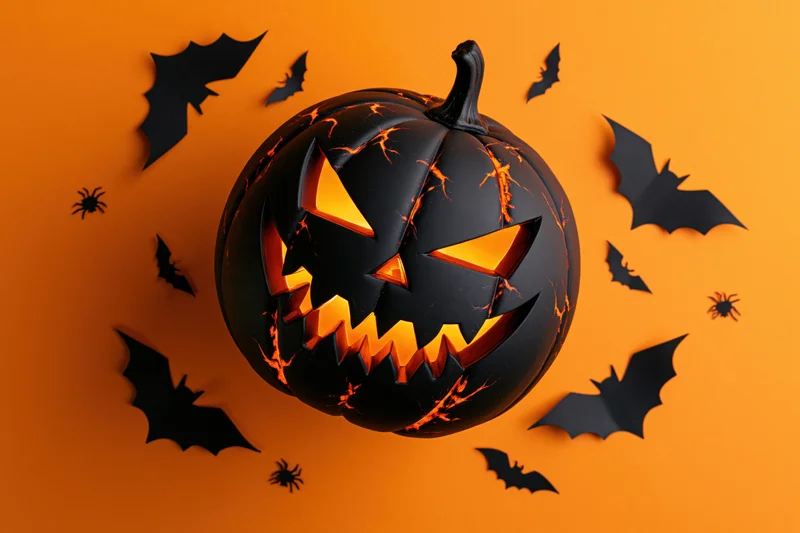 Black carved jack-o-lantern with glowing orange eyes and jagged grin surrounded by paper bats and spiders on orange background