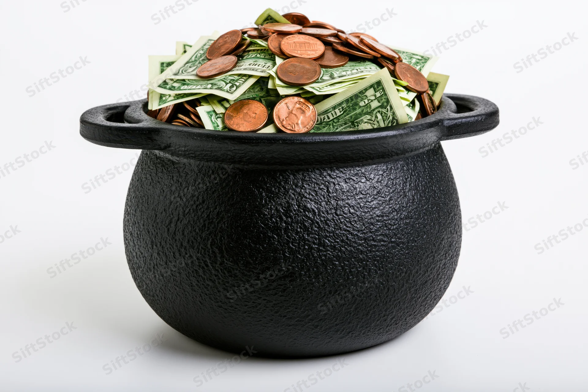 Black cast-iron cauldron overflowing with us dollar bills and coins on white background
