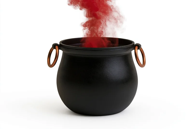Matte black cast iron cauldron with bronze ring handles emitting red smoke on white background