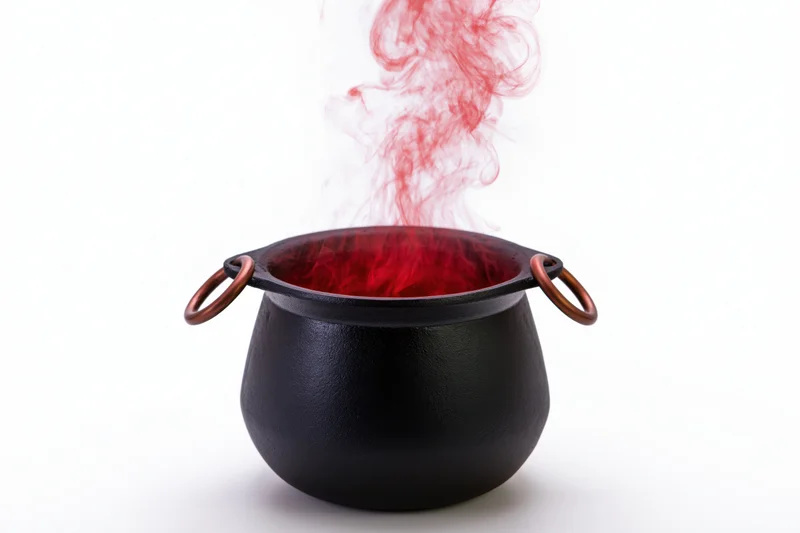 Black cast iron cauldron with red smoke rising from it on white background