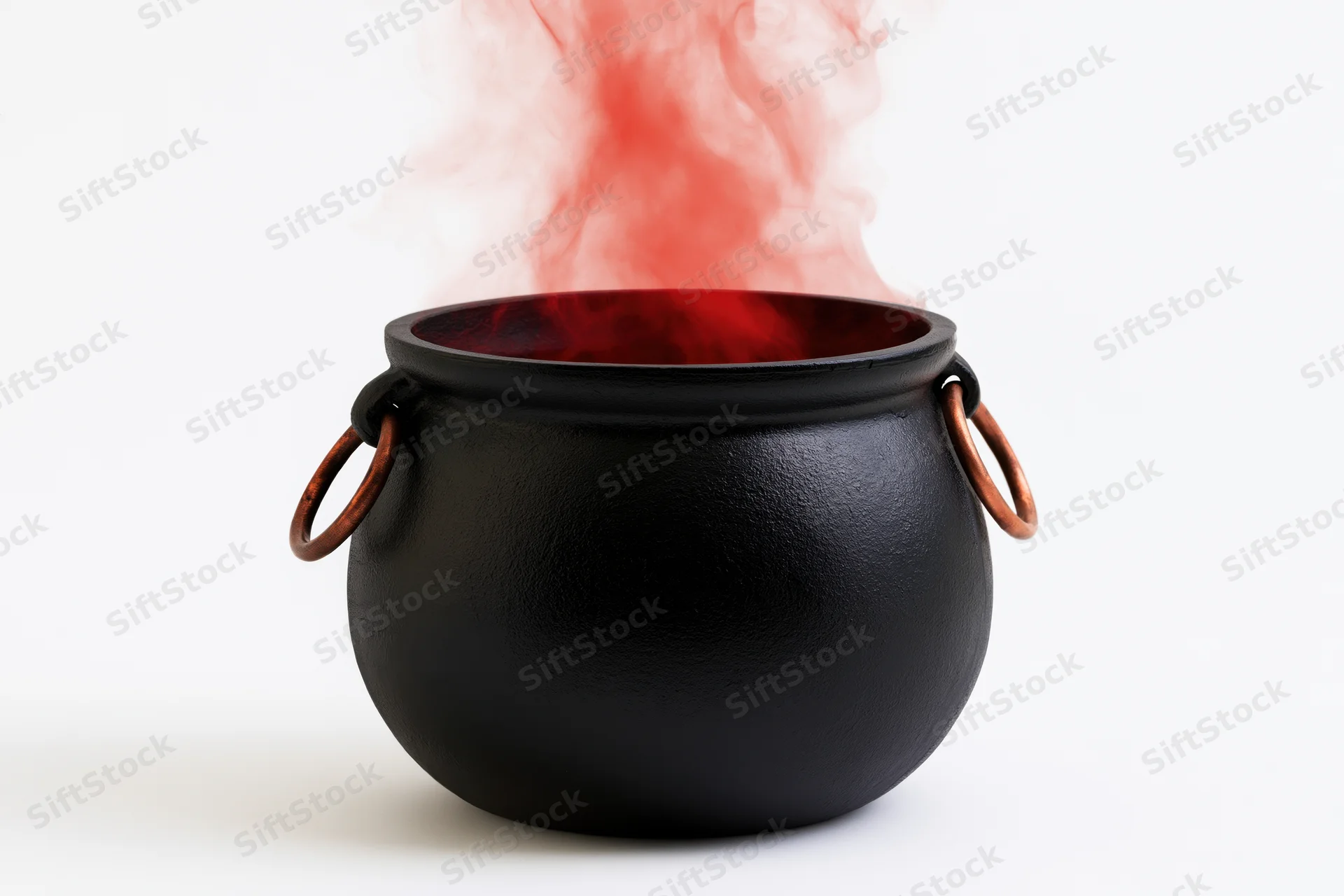 Black cauldron with red smoke rising from it on white background