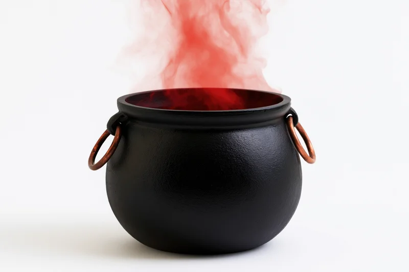 Black cauldron with red smoke rising from it on white background