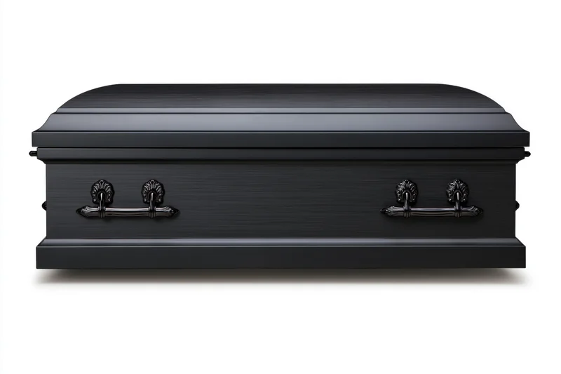 Matte black metal casket with ornate handles on white background