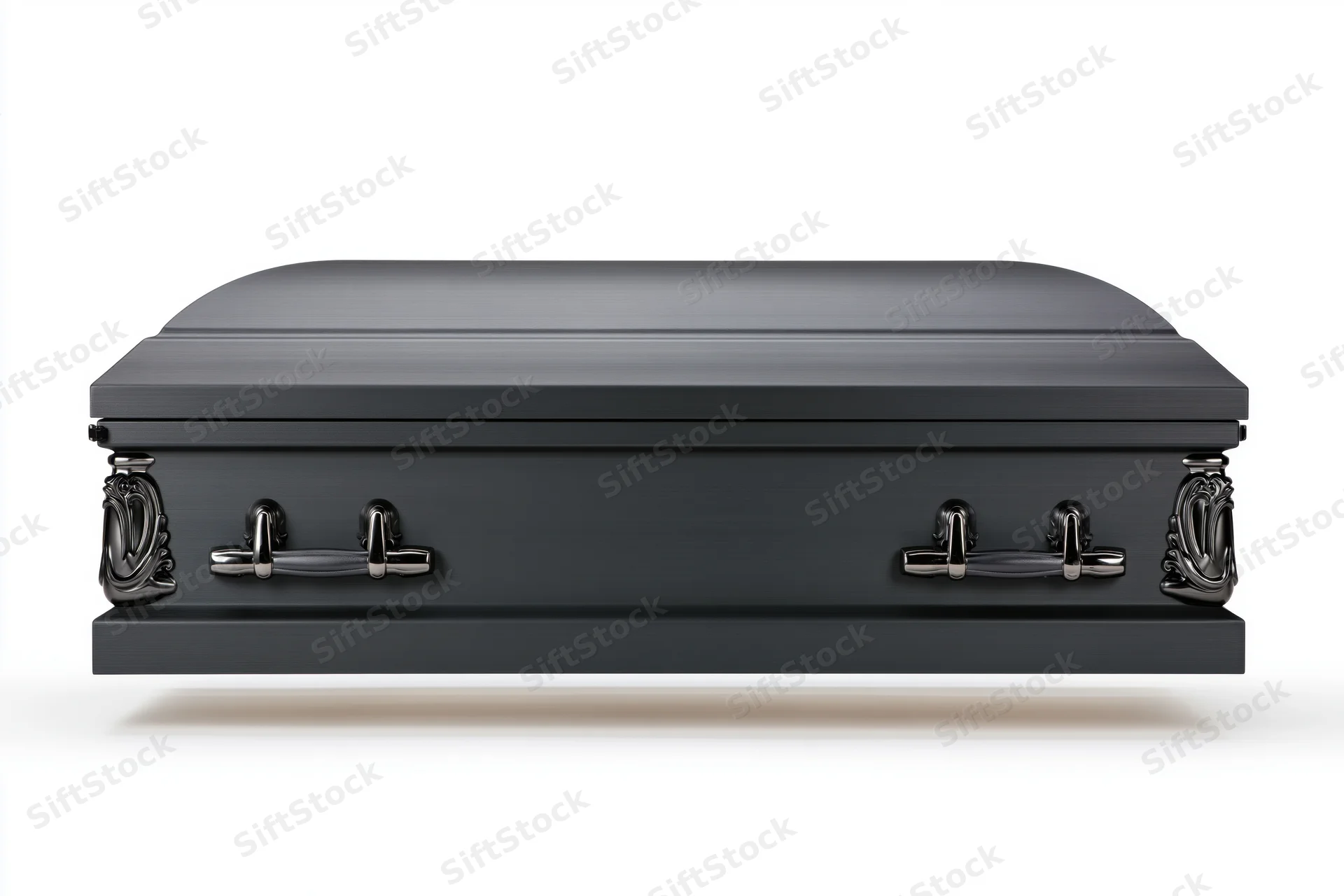 Matte black metal casket with ornate chrome handles viewed from front on white background