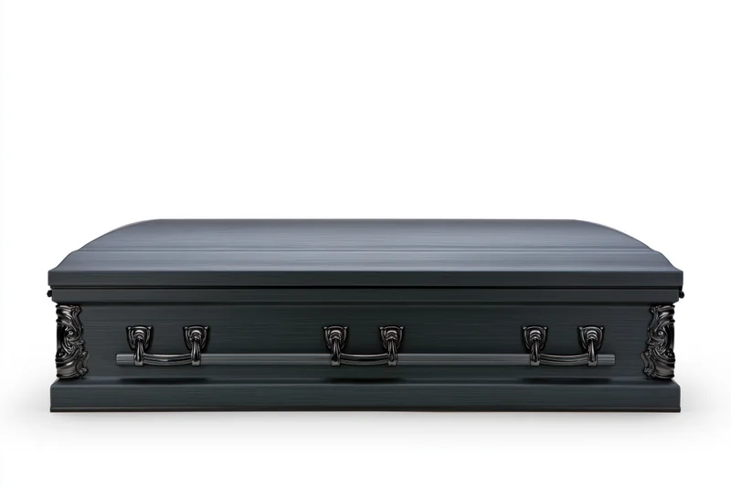 Matte black metal casket with ornate handles and decorative ends, isolated on white background