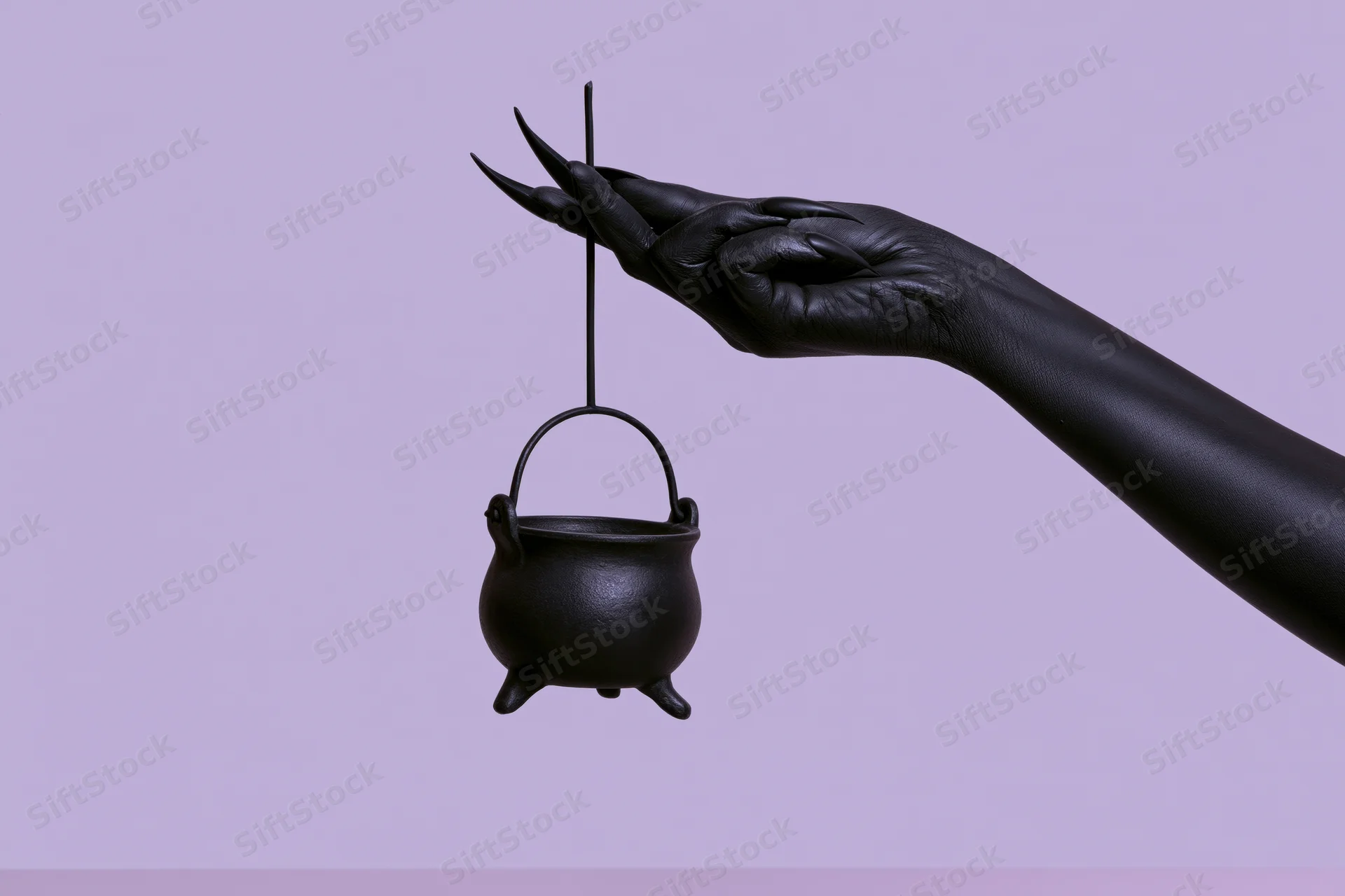 Black sculptural hand with clawed fingers holding a small cauldron against a purple background