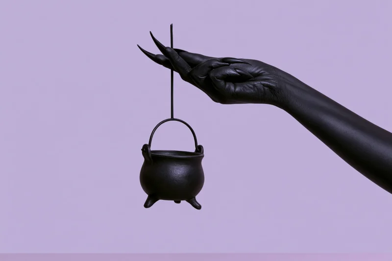 Black sculptural hand with clawed fingers holding a small cauldron against a purple background