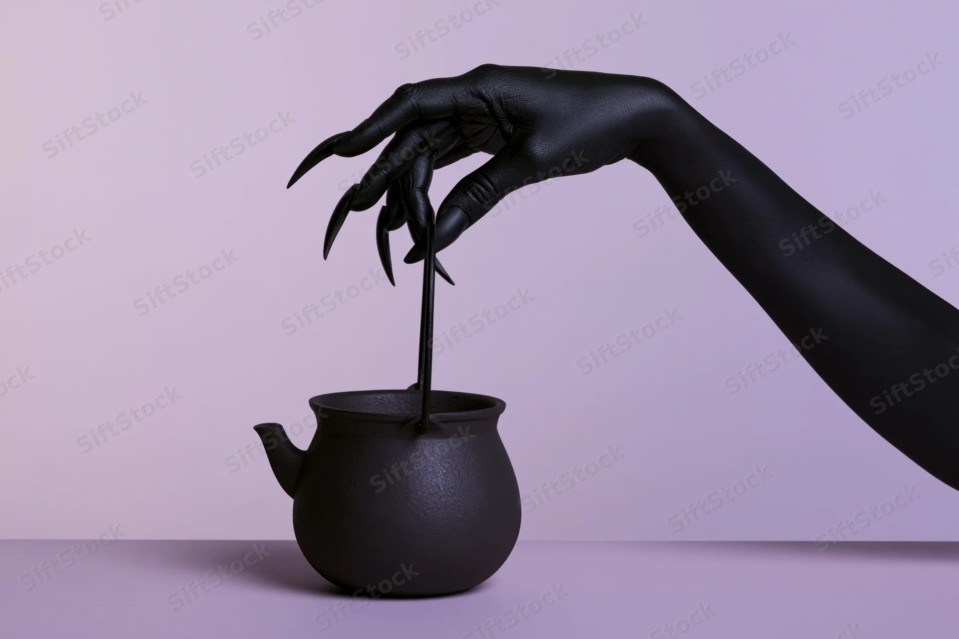 Black-gloved hand stirring a small cauldron on a purple surface